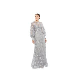 Mac Duggal Silver Gray Embroidered Long Sleeve Midi Dress